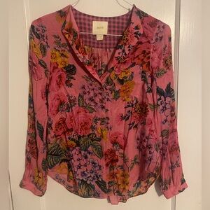 Maeve by Anthropologie Pink Floral Pleated Multi Button Up Blouse US Size 4